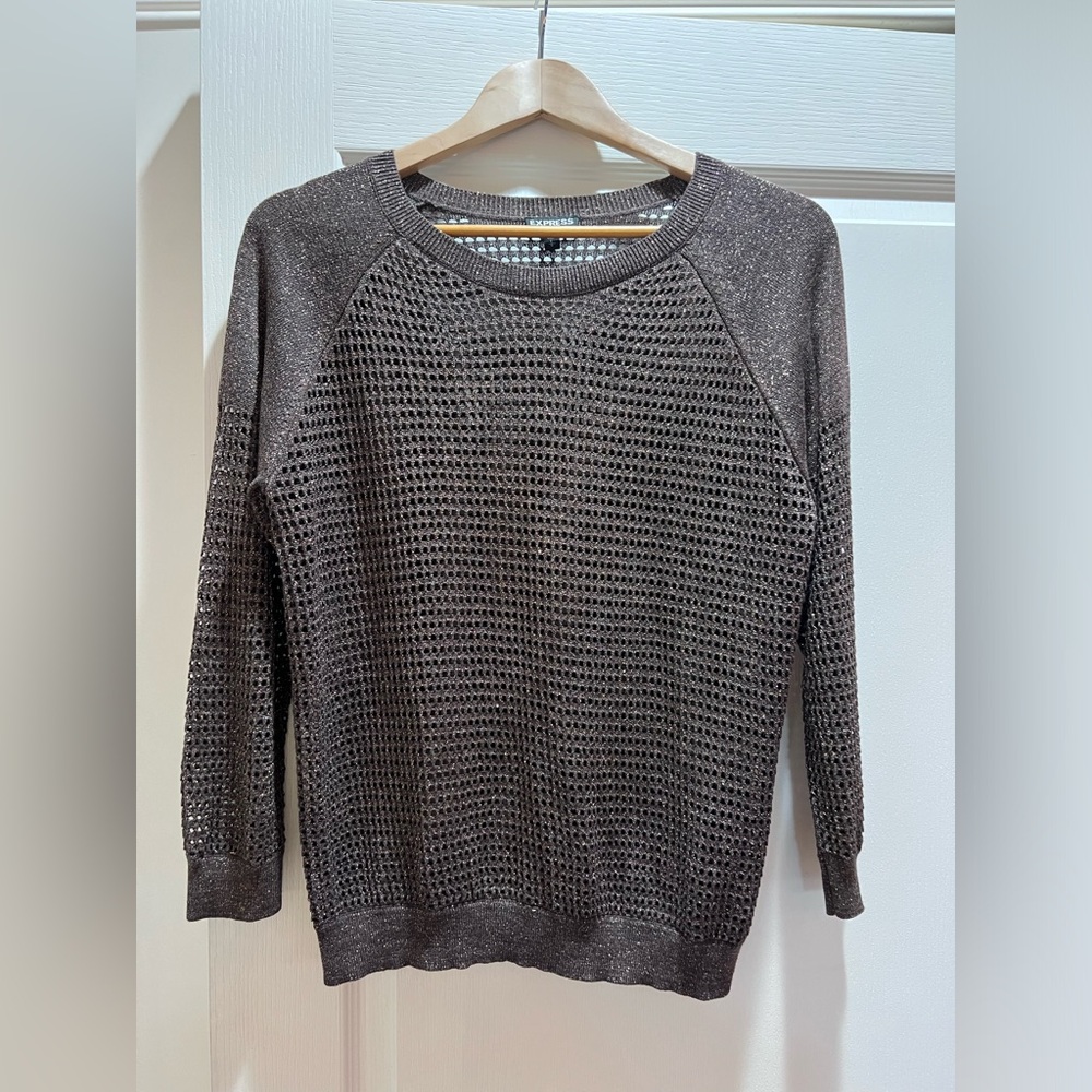 Express Metallic Bronze Mesh Brown Sparkly Net 3/4 Sleeve Sweater